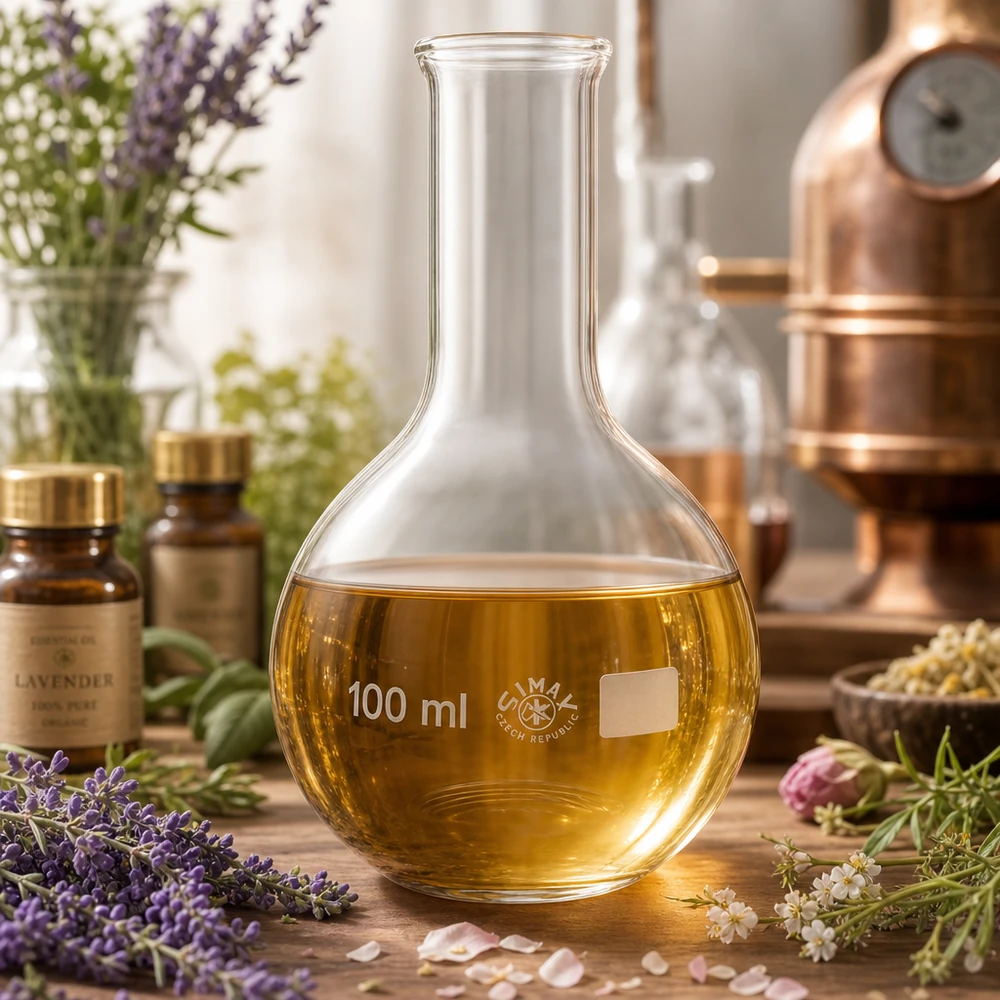 Kolba stojąca 100 ml z wąską szyjką Kolba z wąską szyjką o pojemności 100 ml wykonana z przezroczystego szkła z płynem w kolorze złotym w klimacie laboratorium botanicznego