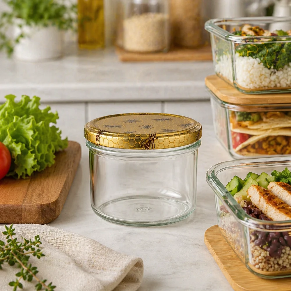 250g Honigglas mit Bienenwabe Deckel BasicSeal UNiTWIST Słoik miodu 250 g z pokrywką w kształcie plastra miodu w nowoczesnej kuchni obok pudełek z posiłkami i świeżymi składnikami