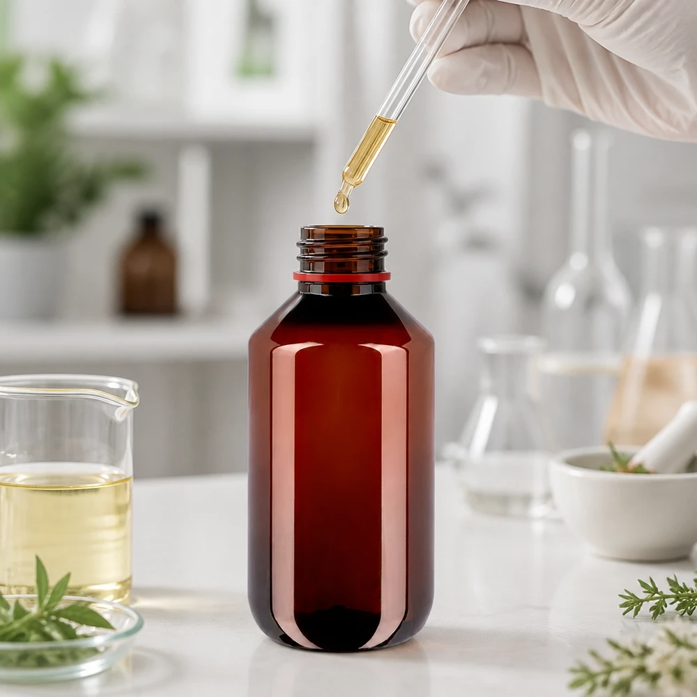 Butelka PET 200 ml z białą/czerwoną nakrętką OV Brązowa butelka PET o pojemności 200 ml z czerwonym zamknięciem zabezpieczającym w warunkach laboratoryjnych