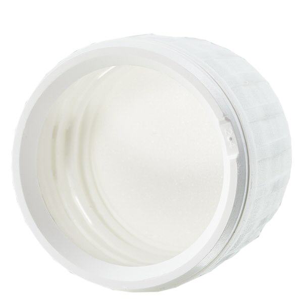 Zakr&#281;tka z bia&#322;&#261; uszczelk&#261; EPE z pier&#347;cieniem zabezpieczaj&#261;cym PP28 ApoGlas. Jako&#347;&#263; farmaceutyczna. Gwint 28 mm. Np. do butelek na leki ApoGlas&#174; Euro.