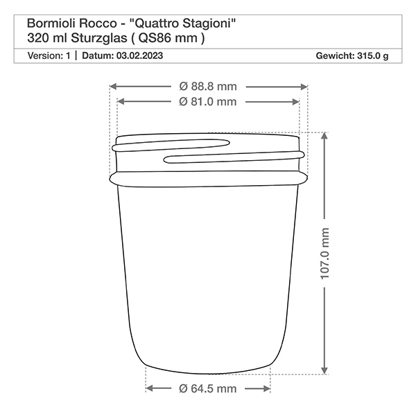 Słoik okrągły 3800 ml „Quattro Stagioni” z pokrywką Rysunek techniczny słoika na przetwory Bormioli Rocco Quattro Stagioni 320ml z wymiarami i specyfikacją Szczegóły produktu