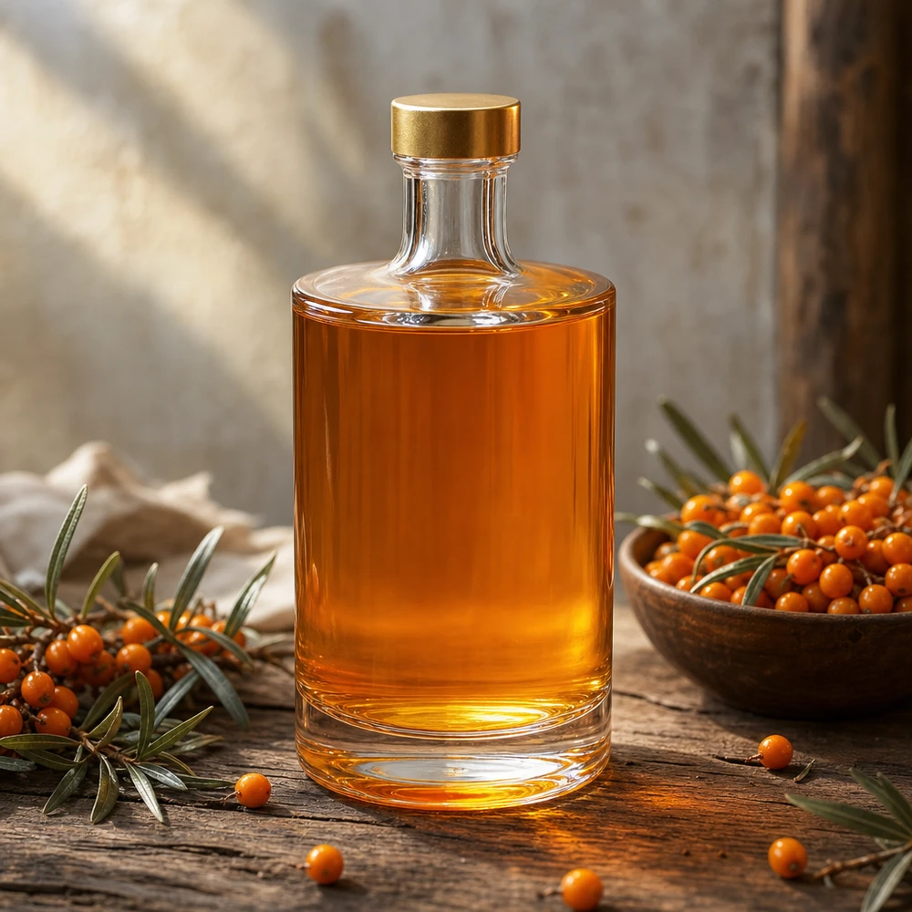 Butelka szklana 500 ml Sam + zakrętka UNiTWIST® 500ml szklana butelka Sam UNiTWIST złota nakrętka wypełniona olejem rokitnikowym drewniany stół jagody rokitnika naturalna dekoracja