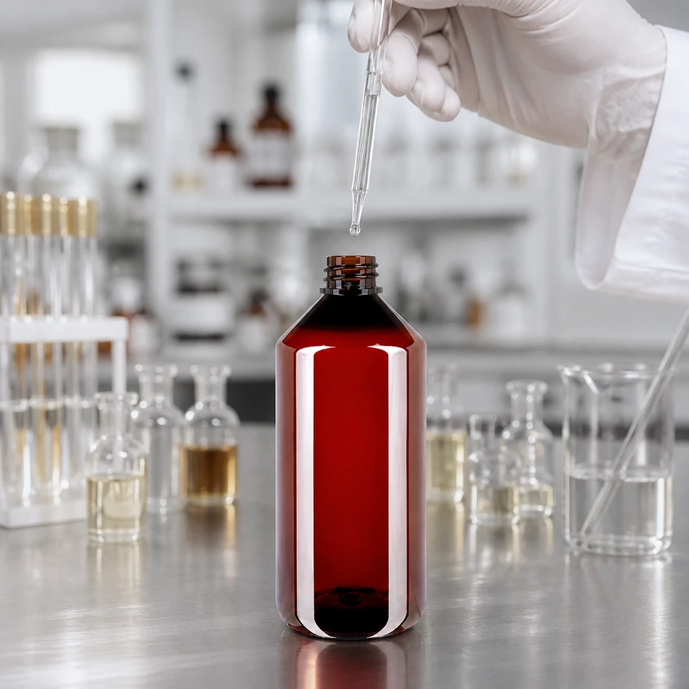 Butelka PET 1000ml z nakrętką odgazowującą czerwona Cylindryczna butelka PET o pojemności 1000 ml w kolorze czerwono-brązowym z zamknięciem odgazowującym, przeznaczona do substancji chemicznych