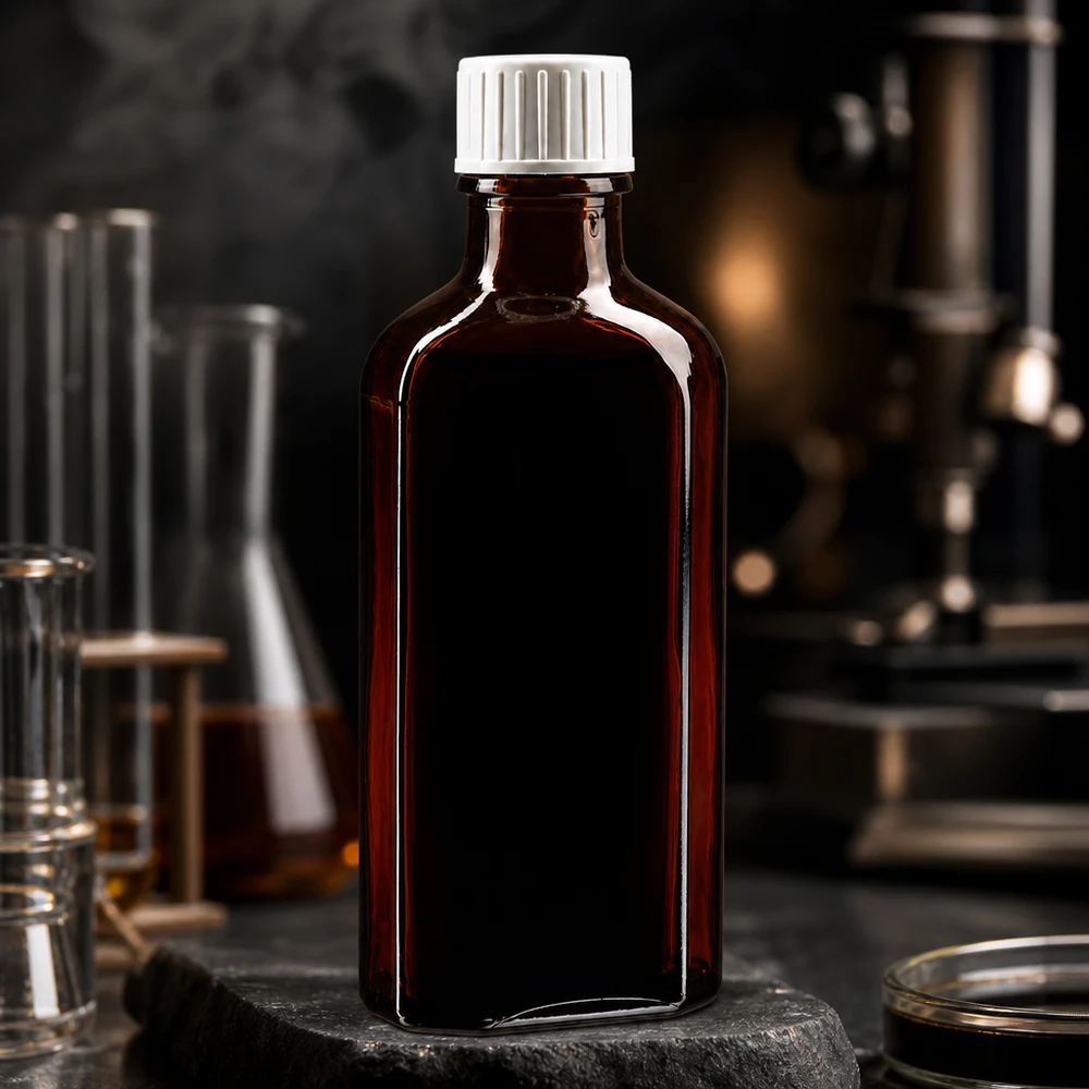 Butelka apteczna chroniąca przed światłem, 100 ml, Meplat, brązowa, z zakrętką zabezpieczoną przed dziećmi i pierścieniem do nalewania