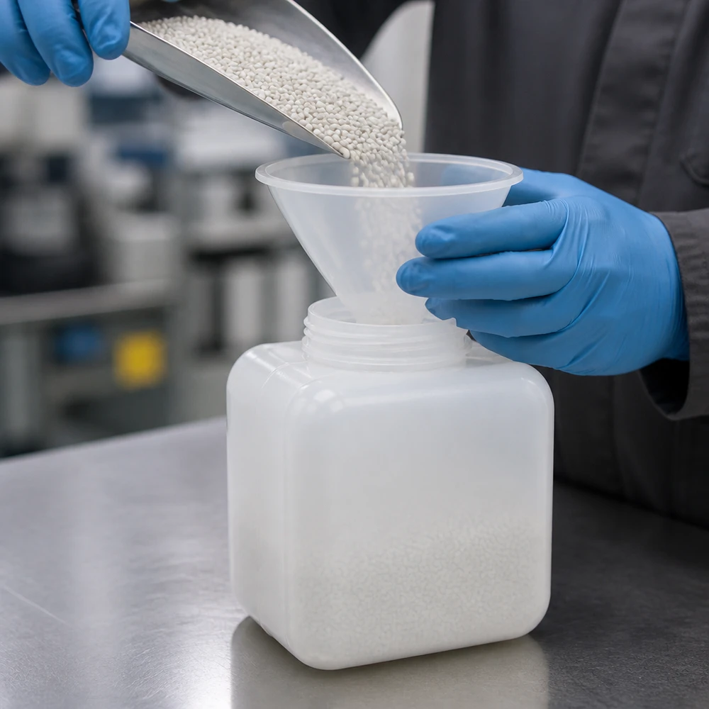 Butelka na chemikalia o pojemności 250 ml, z polietylenu HD (PE-HD), z szeroką szyjką, w kolorze naturalnym, przeznaczona do bezpiecznego przechowywania substancji stałych i granulatów