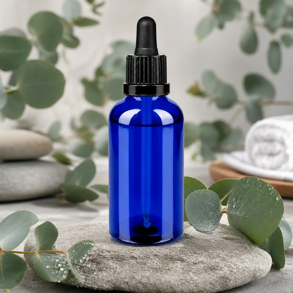 50 ml butelka do leków płynnych czarna OV BlueLine UT18/50 Elegancka butelka z pipetą o pojemności 50 ml w kolorze błękitu królewskiego - idealna do zastosowań kosmetycznych i aromaterapeutycznych