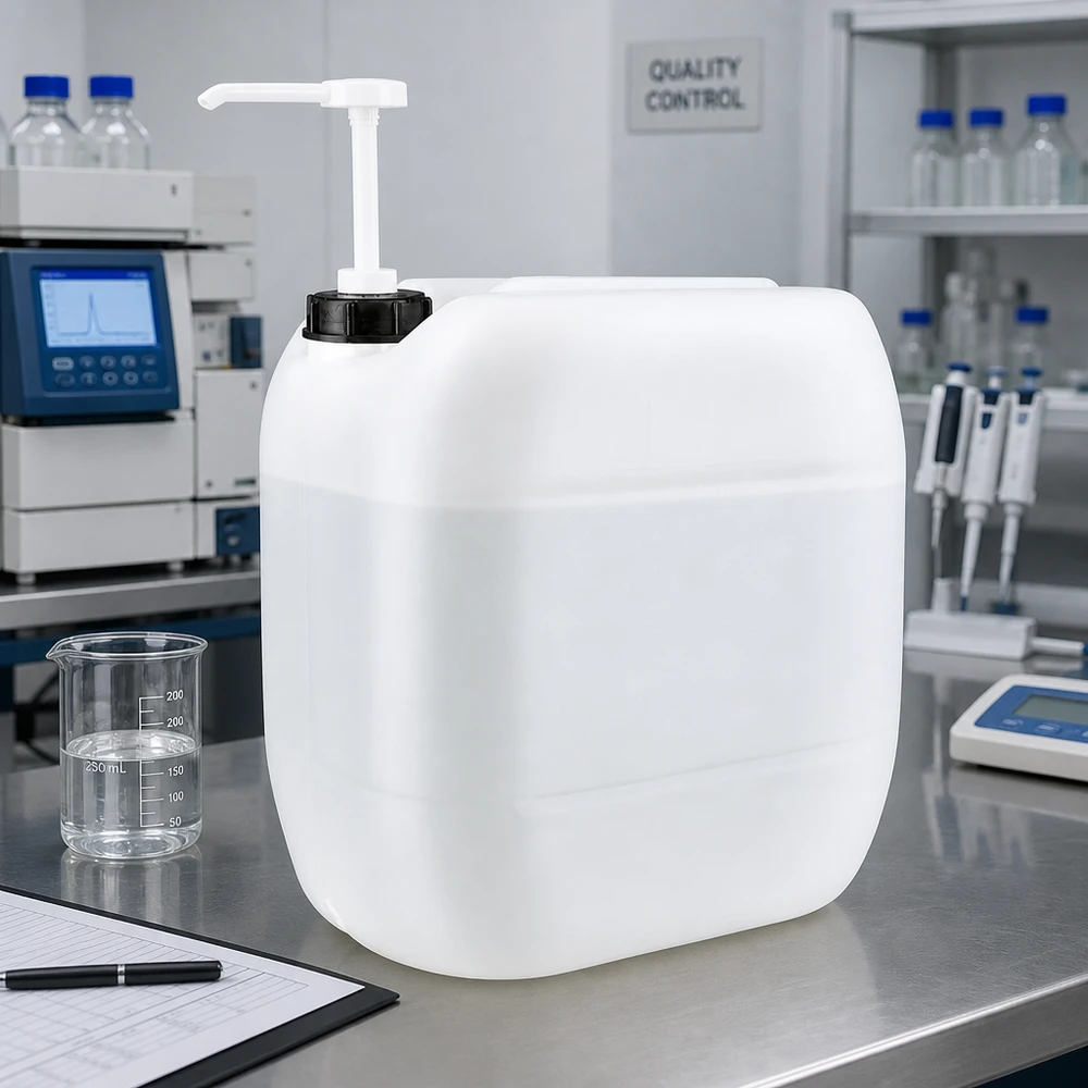 Kanister o pojemności 30 litrów z pompą dozującą obok szklanej zlewki o pojemności 250 ml w laboratorium kontroli jakości