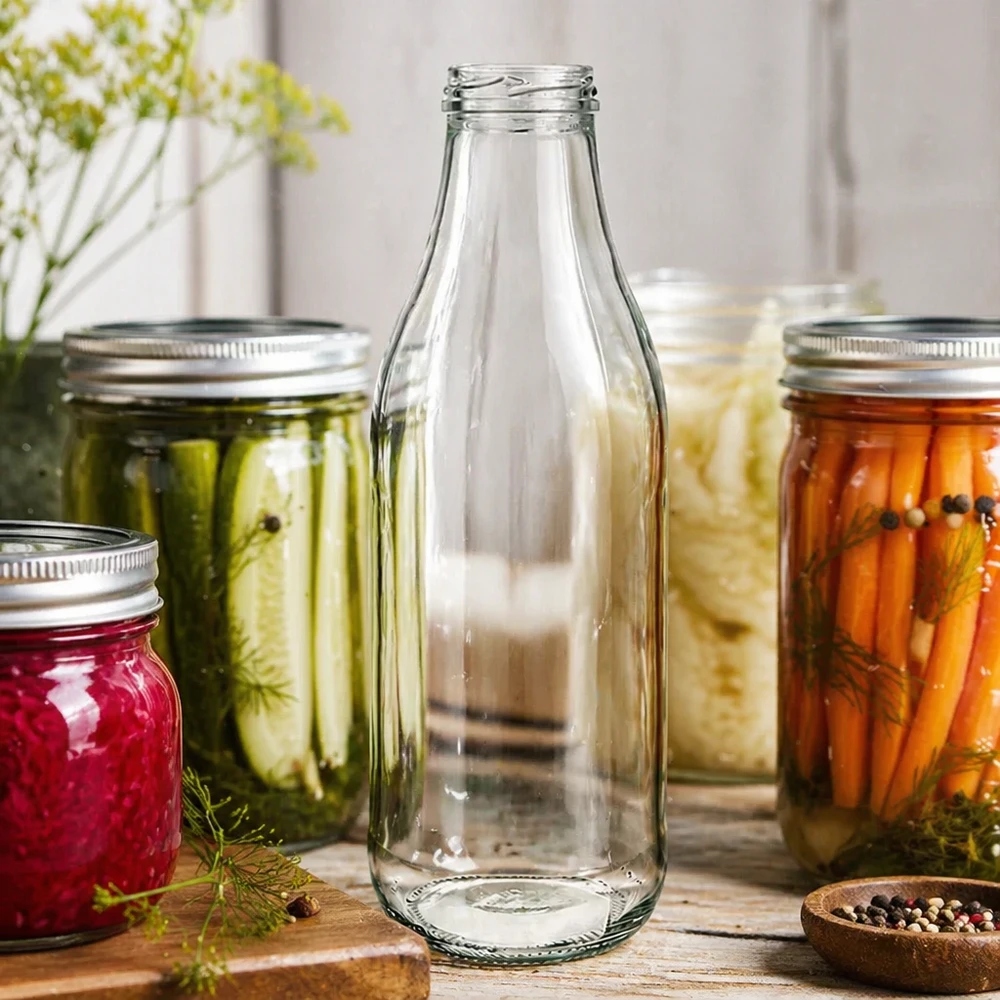 Szklana butelka 1000 ml bez pokrywki (TO48) UNiTWIST. Całkowicie szczelna z dużym otworem. Do mleka, soków i lemoniady. Wymaga pokrywki TO48 Butelka szklana 1000ml TO48 UNiTWIST bez pokrywki między słoikami z marynowanymi warzywami Kitchen scenery Konserwacja