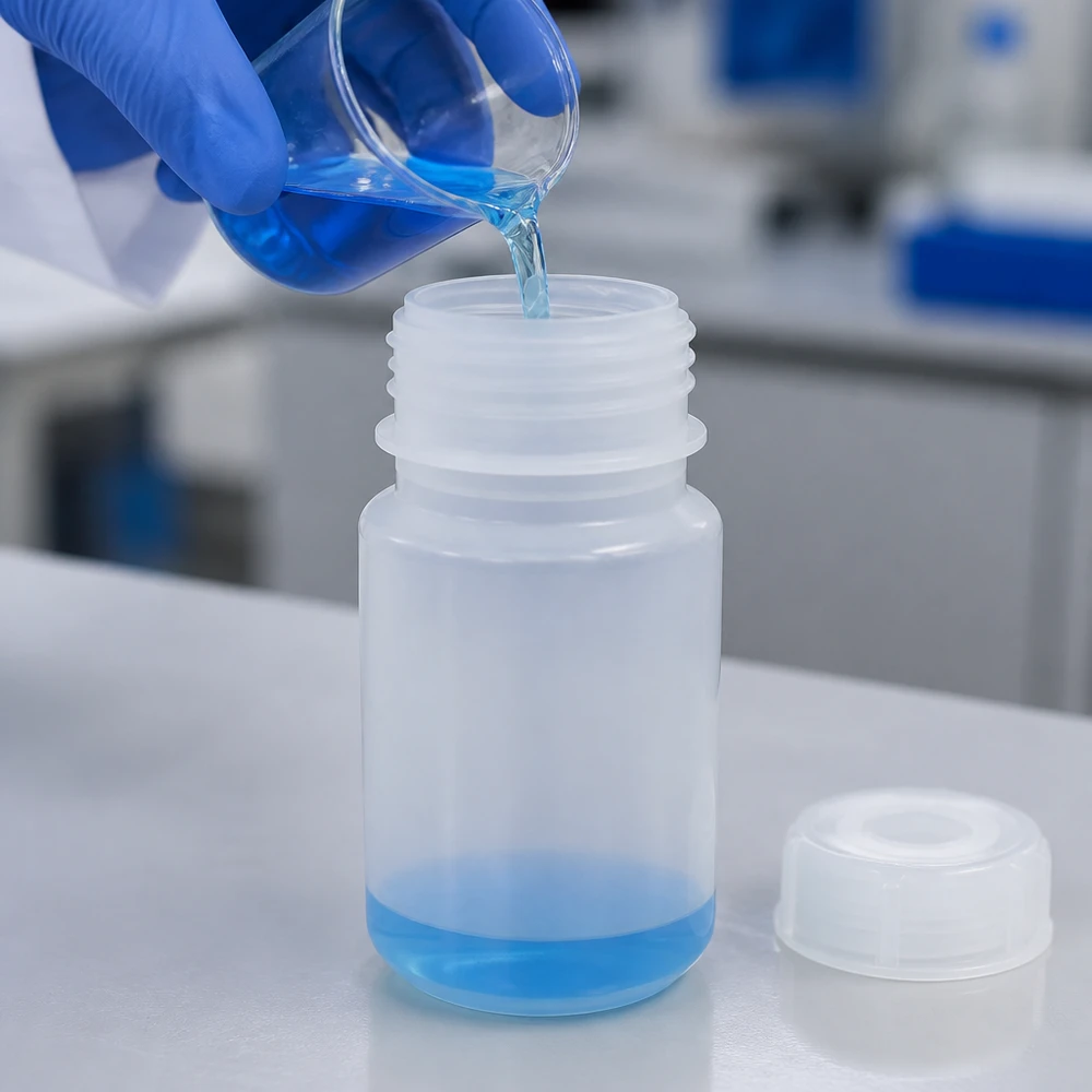 Laborant wlewa niebieski płyn do 50-mililitrowej butelki laboratoryjnej z szeroką szyjką, wykonanej z półprzezroczystego tworzywa sztucznego