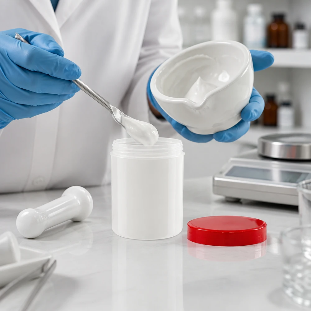 Słoiczek na maść 10 g, biały, z czerwoną zakrętką, podczas napełniania białym kremem w laboratorium aptecznym