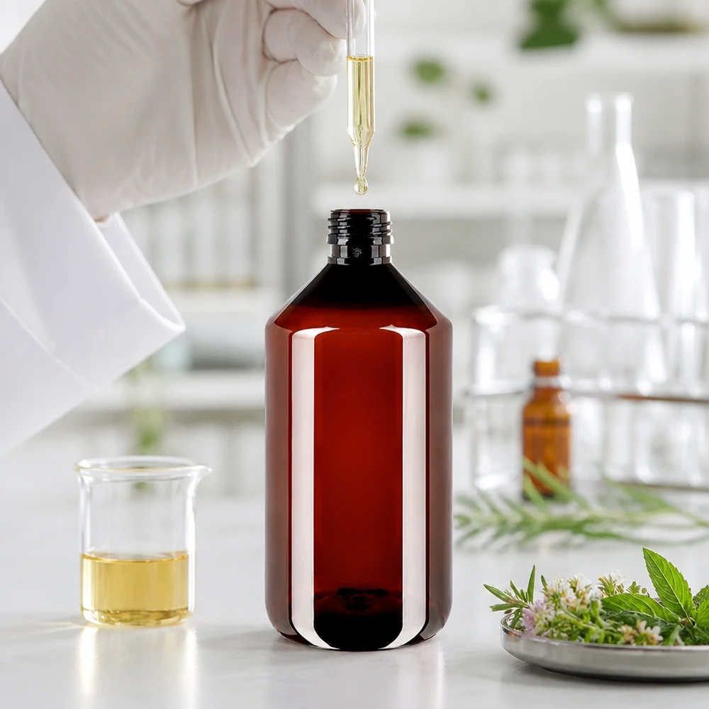 Butelka PET 750ml PP28 bez zakrętki Bursztynowa butelka PET o pojemności 750 ml, model PP28, w laboratorium z pipetą i ekstraktami ziołowymi