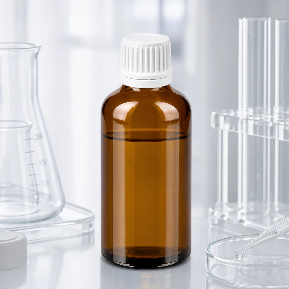 Butelka 50 ml 11 mm SV biała OV BrownLine UT18/50 Butelka laboratoryjna 50 ml wykonana z bursztynowego szkła chroniącego przed promieniowaniem UV z białą zakrętką do chemikaliów