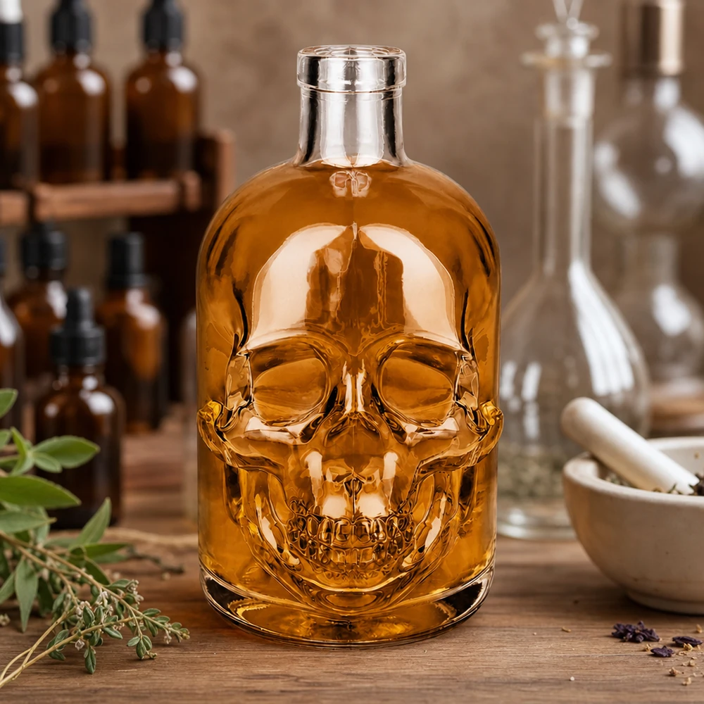500ml szklana butelka Jack w kształcie czaszki wypełniona miodem dekoracja półki kuchennej w stylu aptekarskim UNiTWIST bez zakrętki