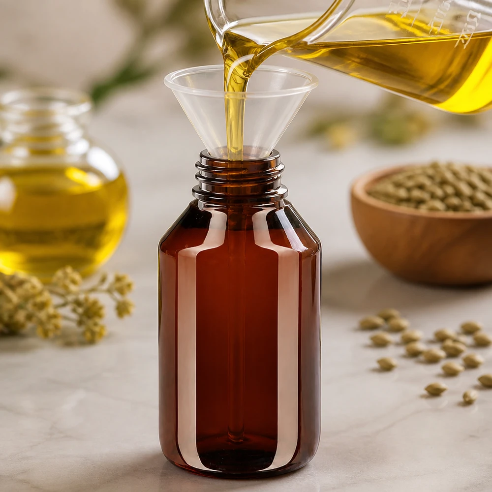 Butelka PET 50 ml z czarną nakrętką OV Braune PET Flasche 50ml mit Schraubverschluss beim Abfüllen von Naturölen