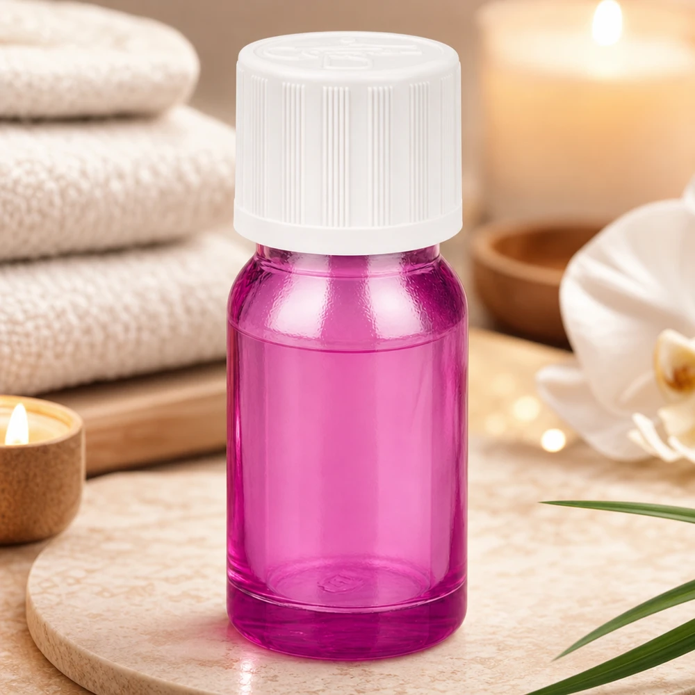 Przezroczysta plastikowa butelka z zakraplaczem 10 ml w kolorze magenta z zakrętką zabezpieczającą przed dziećmi UT18/10