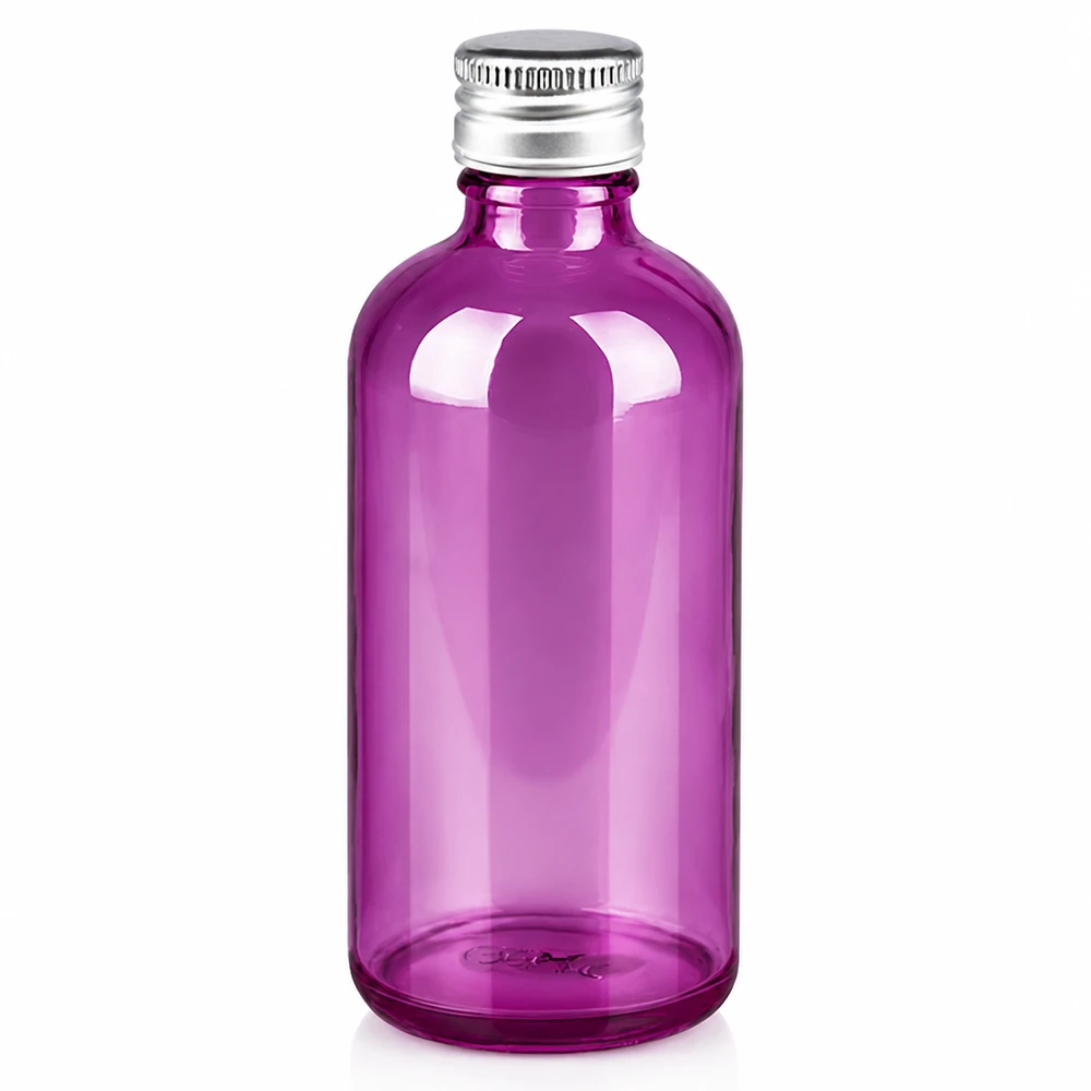 Szklana butelka 100 ml z aluminiową zakrętką w kolorze jasnofioletowym do kosmetyków i aromaterapii