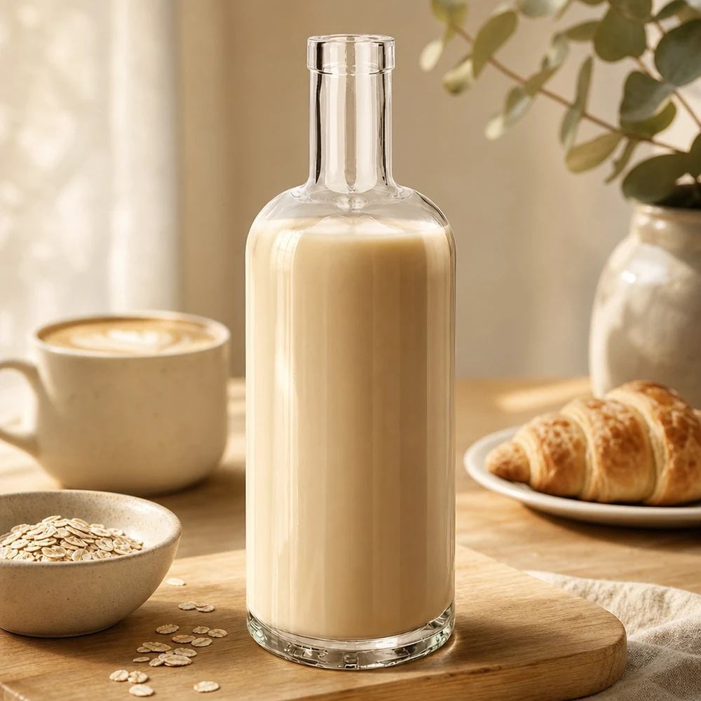 750 ml szklana butelka Emmy wypełniona beżowym mlekiem owsianym obok filiżanki kawy, rogalika i płatków owsianych na drewnianym stole