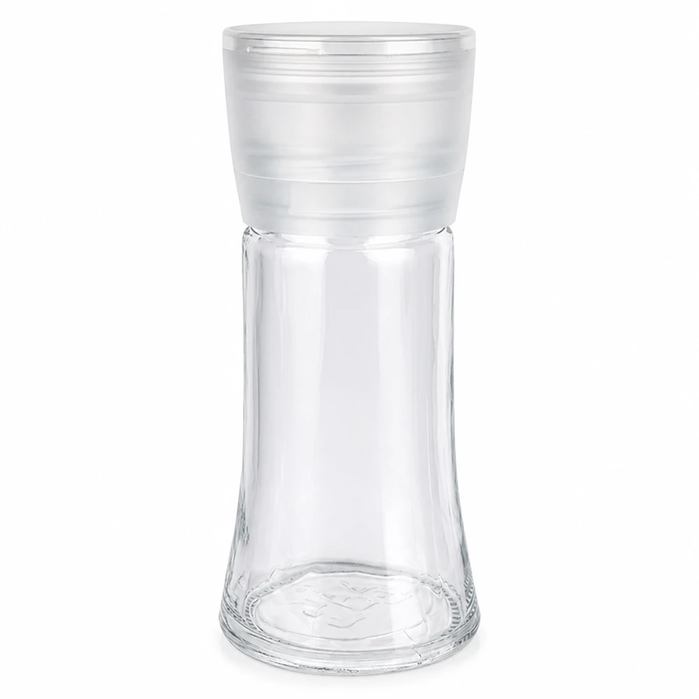 Słoik na sól/przyprawy 95 ml z młynkiem Vario, biały Pusty słoik na sól i przyprawy o pojemności 95 ml z białym plastikowym młynkiem Vario z przezroczystego szkła