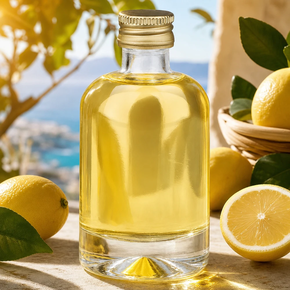 Butelka szklana 40 ml Sara z zakrętką w kolorze złotym UNiTWIST® 40 ml szklana butelka Sara wypełniona żółtą zawartością między cytrynami - zdjęcie produktu w śródziemnomorskim klimacie