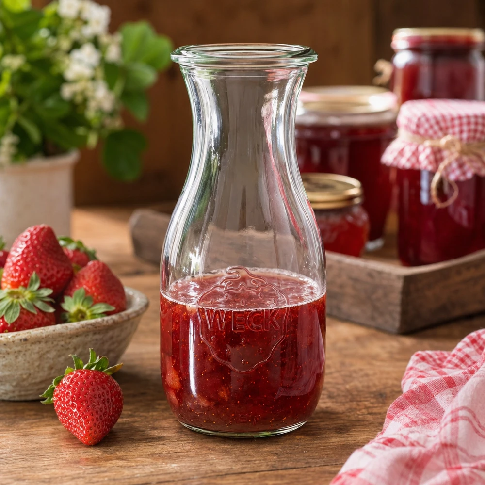 Butelka na sok WECK 530ml RR60 wypełniona sokiem truskawkowym obok słoików z dżemem i kraciastego ręcznika kuchennego w rustykalnym stylu