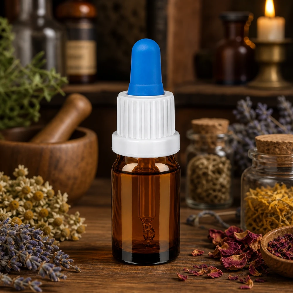 Butelka do leków płynnych 5 ml biała/niebieska OV BrownLine UT18/5 Wysokiej jakości butelka z pipetą o pojemności 5 ml wykonana z bursztynowego szkła chroniącego przed promieniowaniem UV z ergonomicznym zakraplaczem