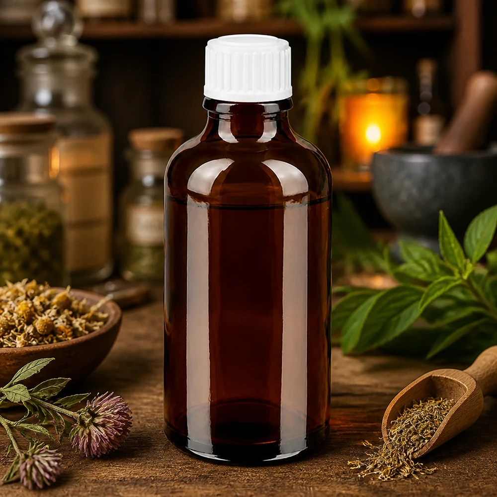 Butelka apteczna brązowa 50ml zakraplacz biały 0,8mm szt. Brązowa buteleczka z zakraplaczem ApoGlas o pojemności 50 ml z białą nakrętką, otoczona ziołami leczniczymi i suszonymi kwiatami