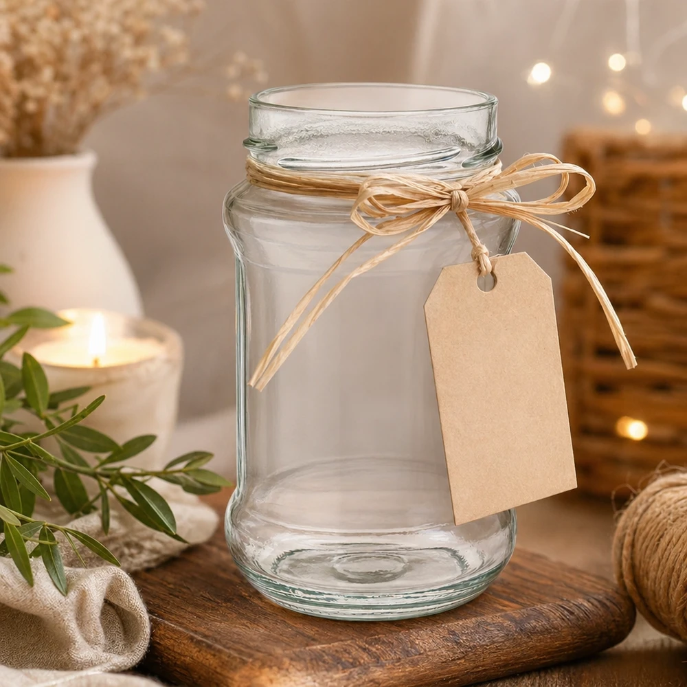 UNiTWIST Runda390 - Okrągły słoik o pojemności 390ml TO66deep Leeres Rundglas 390ml mit Deckel und Schleifenband auf Holztisch - ideal für Marmelade Honig und Geschenke von Glas-Fabr