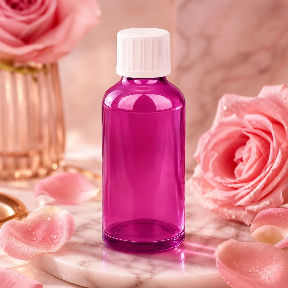 Fioletowa butelka z zakraplaczem 50 ml z zakrętką STD - idealna do olejków eterycznych i produktów kosmetycznych
