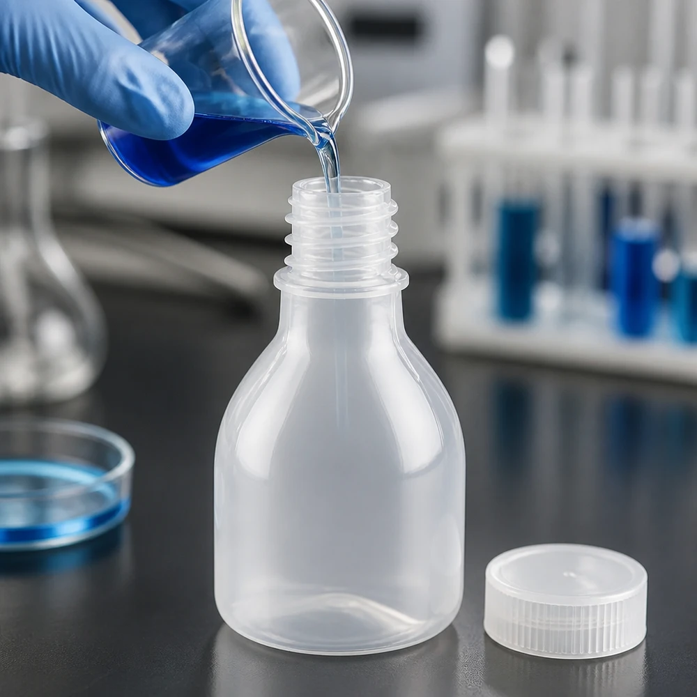 Niebieski płyn wlewa się do 20 ml laboratoryjnej butelki z PE o wąskiej szyjce, bez nakrętki