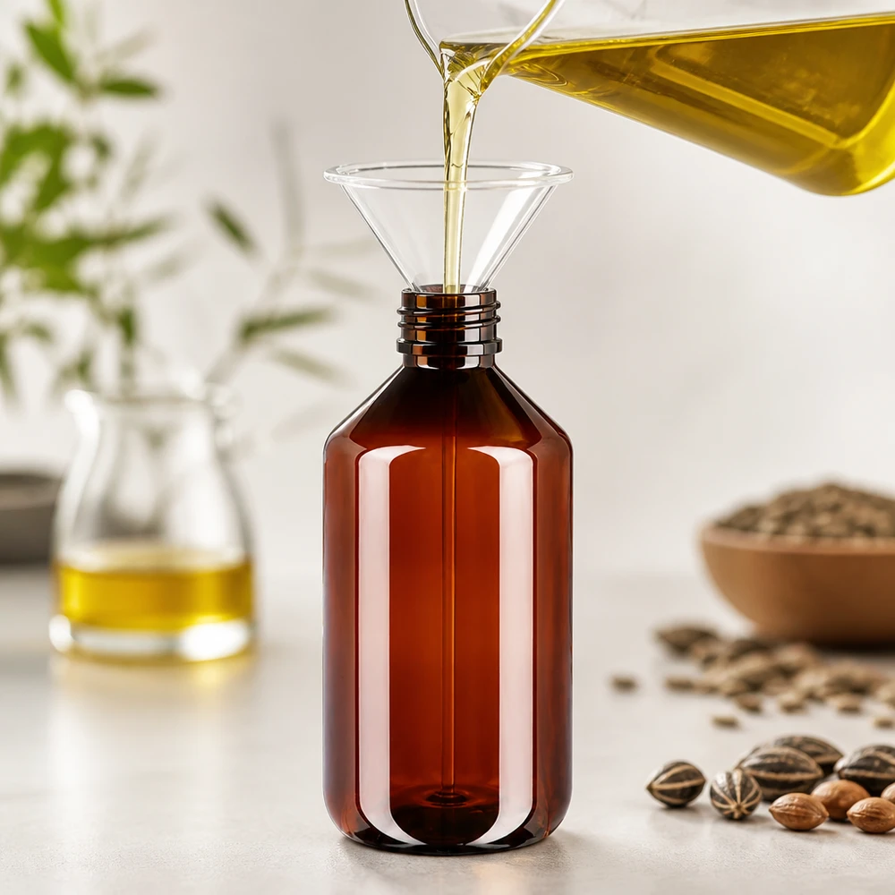 Butelka PET 500 ml z niebieską nakrętką OV Plastikowa butelka o pojemności 500 ml w kolorze bursztynowym podczas napełniania olejem za pomocą lejka