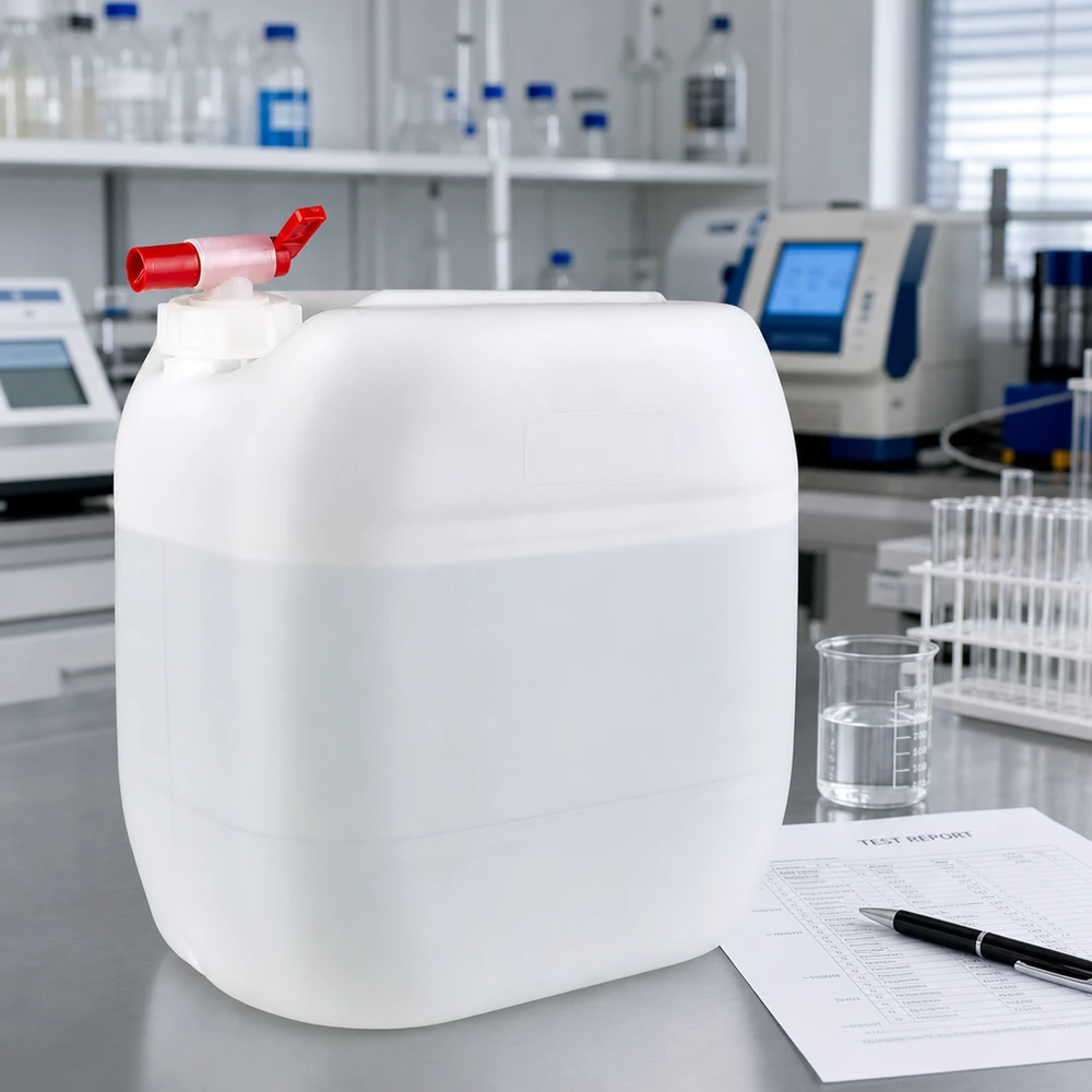 Kanister 30 litrów z zaworem spustowym Solidny kanister o pojemności 30 litrów z kranikiem, obok zlewki i protokołu z badań laboratoryjnych