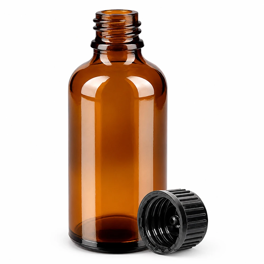 Butelka 50 ml 11 mm SV czarna STD BrownLine UT18/50 Brązowa szklana butelka 50 ml z gwintem 11 mm i czarną nakrętką do aromaterapii i farmacji