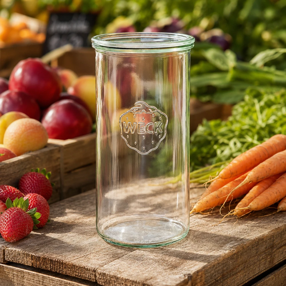 Kubki WECK 1500ml RR100 na drewnianej desce ze świeżymi owocami warzywa truskawki marchewka naturalna dekoracja kuchni