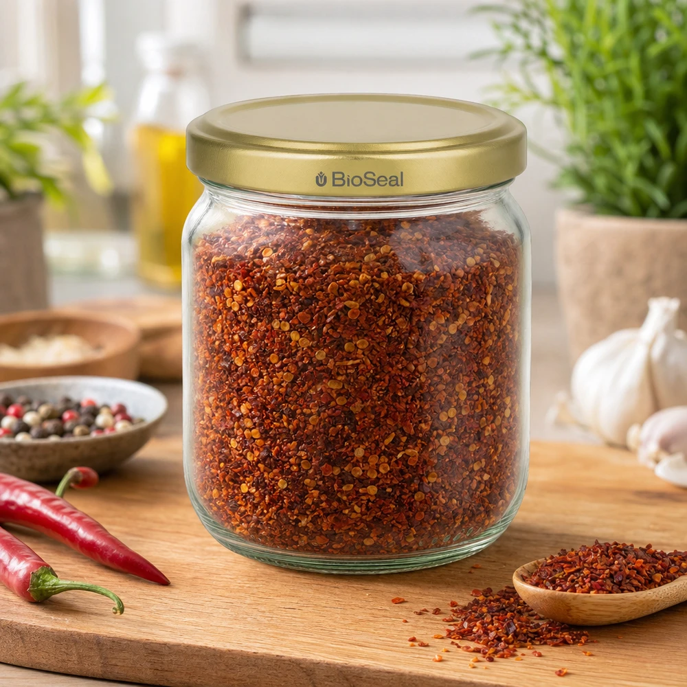 500g Honigglas mit goldenem Deckel BioSeal UNiTWIST Słoik miodu BioSeal 500 g wypełniony czerwonymi przyprawami na drewnianej desce z chili i czosnkiem w kuchni