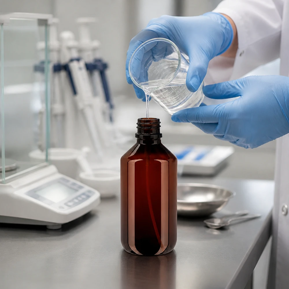 Butelka PET 200 ml z czarnym atomizerem Laborumgebung mit bernsteinfarbener 200ml PET Sprühflasche und schwarzem Zerstäuber auf Edelstahltisch