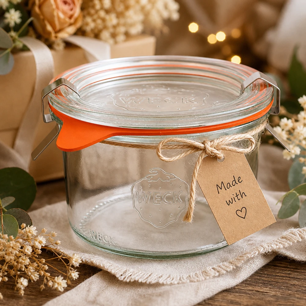 Kubki WECK 200 ml RR80 jako pomysł na prezent ozdobione papierową zawieszką Made with Love i suszonymi kwiatami