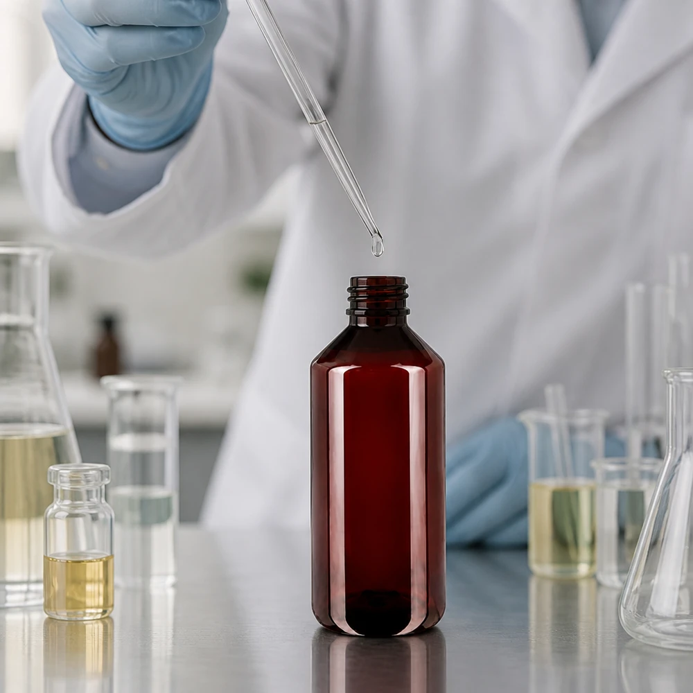 Butelka PET 1000 ml z białym standardem OV Laborant napełnia brązową butelkę PET o pojemności 1000 ml za pomocą pipety w profesjonalnym środowisku laboratoryjnym