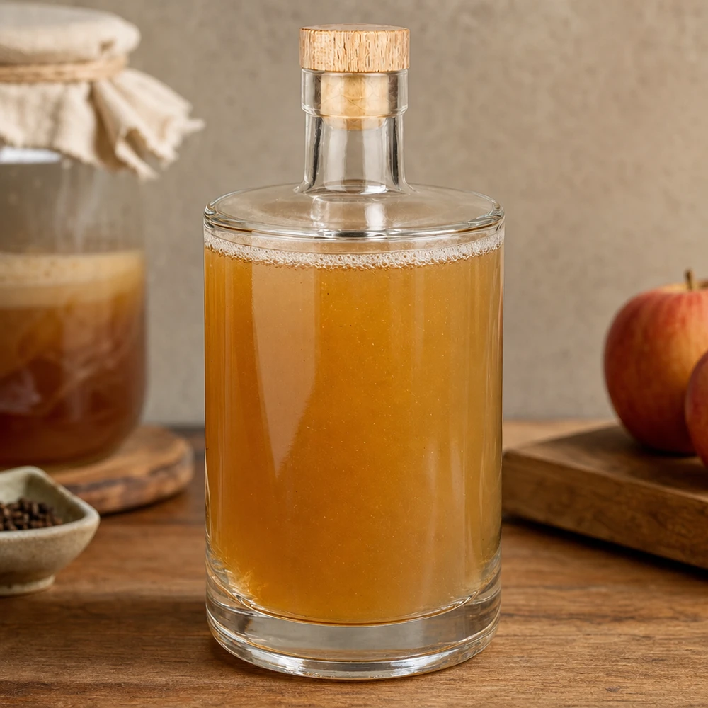Butelka szklana 700 ml Marie z drewnianym korkiem UNiTWIST® 700ml Glasflasche Marie mit Holzkorken gefüllt mit goldbrauner Flüssigkeit in gemütlicher Küche neben Apfel und Gewürzen