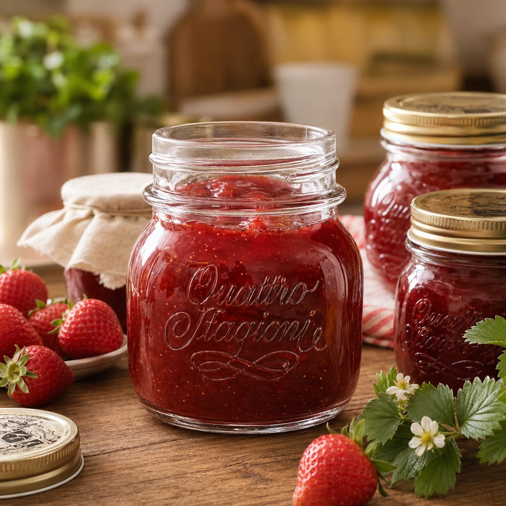 Szklanka domowa "Quattro Stagioni" o pojemności 150 ml Słoik Quattro Stagioni 150ml wypełniony dżemem truskawkowym obok świeżych truskawek na drewnianym stole