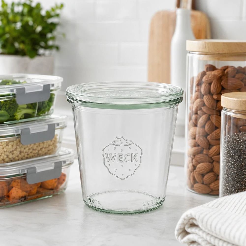 Kubki WECK 290ml RR80 w nowoczesnej kuchni ze słoikami do przechowywania orzechów i żywności