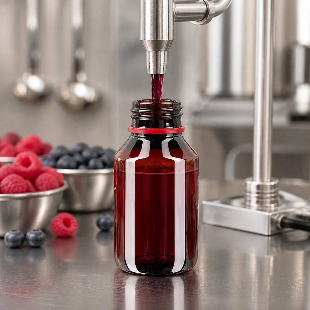 Napełnianie butelki PET o pojemności 50 ml czerwonym sokiem jagodowym za pomocą przemysłowej linii rozlewniczej