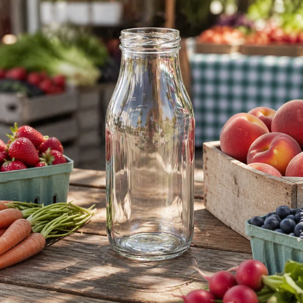 UNiTWIST Bottle263 - Butelka o pojemności 263 ml TO43 Leere Glasflasche 263ml auf Holztisch mit frischem Obst und Gemüse - ideal für Säfte Smoothies und Getränke