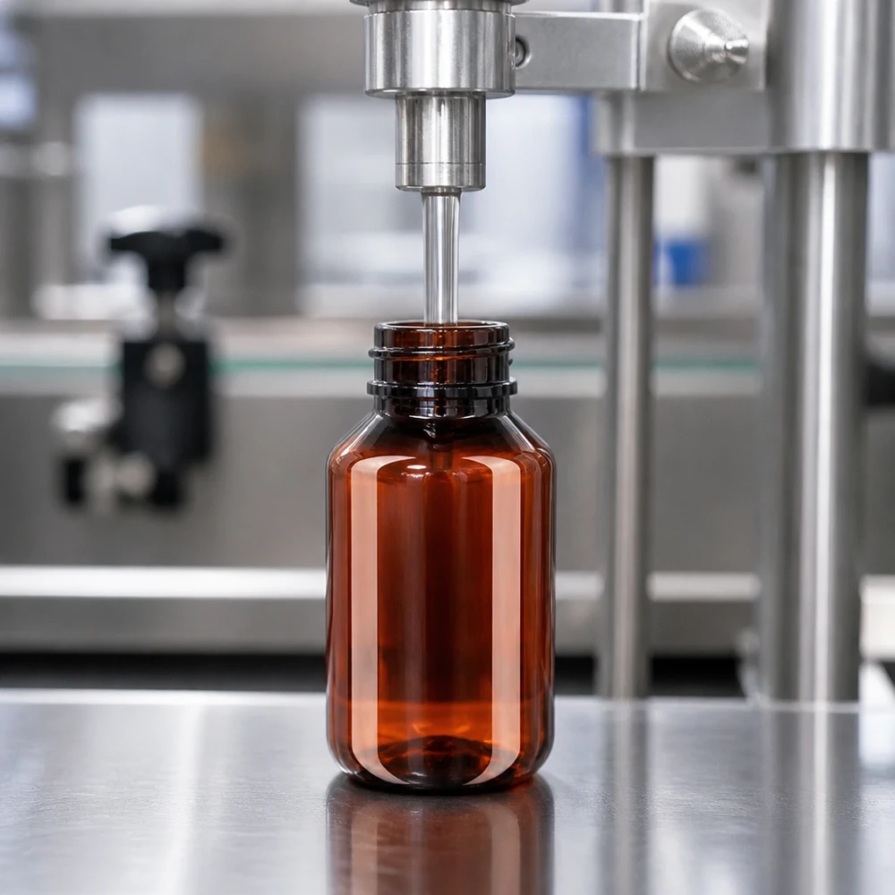 Butelka PET 100 ml z brązową nakrętką Standard Braune 100ml Flasche PET mit Standardverschluss in industrieller Abfüllstation für Flüssigarzneimittel