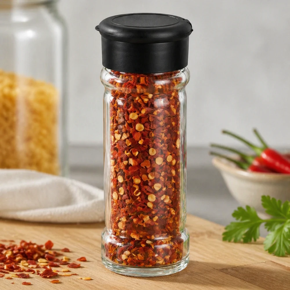 Słoik na sól/przyprawy 100 ml z dozownikiem, czarny Słoik z płatkami chili o pojemności 100 ml z czarną pokrywką z dozownikiem, stojący na drewnianej desce obok świeżych papryczek chili