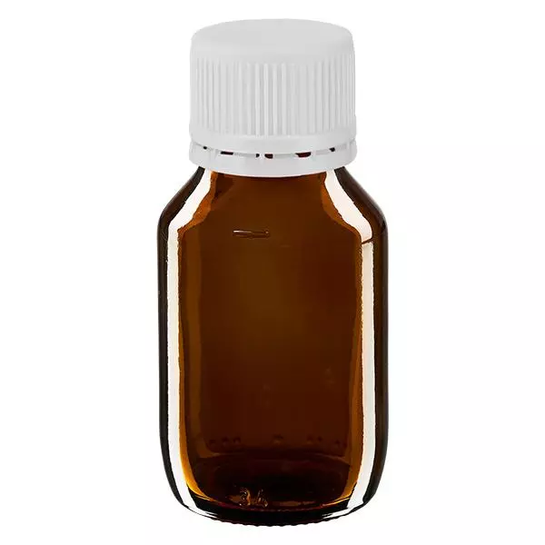 Butelka na lek 50 ml brązowa, zakrętka biała z pierścieniem ApoGlas. Farmaceutyczna jakość produkcji UE. Gwint 28 mm (PP28). (syrop, butelka z lekkiego szkła) Butelka na lek 50 ml brązowa, zakrętka biała z pierścieniem ApoGlas. Farmaceutyczna jakość produkcji UE. Gwint 28 mm (PP28). (syrop, butelka z lekkiego szkła)