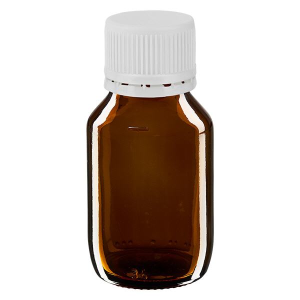 Butelka na lek 50 ml brązowa, zakrętka biała z pierścieniem ApoGlas. Farmaceutyczna jakość produkcji UE. Gwint 28 mm (PP28). (syrop, butelka z lekkiego szkła) Butelka na lek 50 ml brązowa, zakrętka biała z pierścieniem ApoGlas. Farmaceutyczna jakość produkcji UE. Gwint 28 mm (PP28). (syrop, butelka z lekkiego szkła)