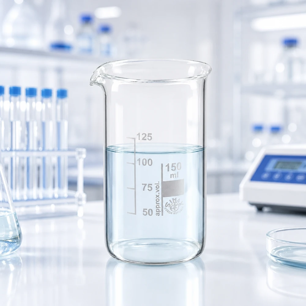 Przezroczysta zlewka laboratoryjna o pojemności 150 ml, wysoka, z podziałką od 50 do 125 ml, wykonana ze szkła borokrzemowego
