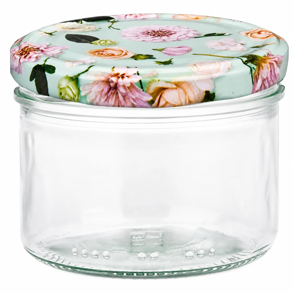Słoik cylindryczny 230 ml + pokrywka BasicSeal w kształcie kwiatka, miętowa Słoik cylindryczny 230 ml z pokrywką BasicSeal flower mint - okrągły słoik do przechowywania z kwiatowym wzorem na miętowym tle