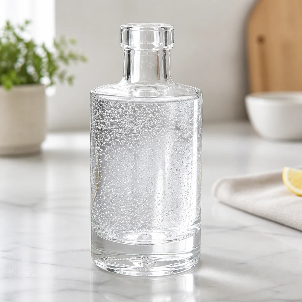 200ml szklana butelka Marie wypełniona wodą gazowaną na marmurowym blacie nowoczesna kuchnia butelka wody styl życia sceneria