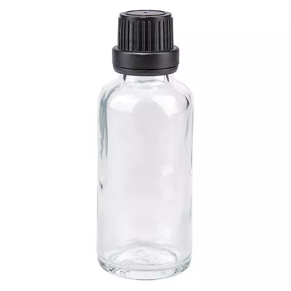 Butelka apteczna przezroczysta 30ml zakrętka czarna szczelna OV Butelka apteczna przezroczysta 30ml zakrętka czarna szczelna OV